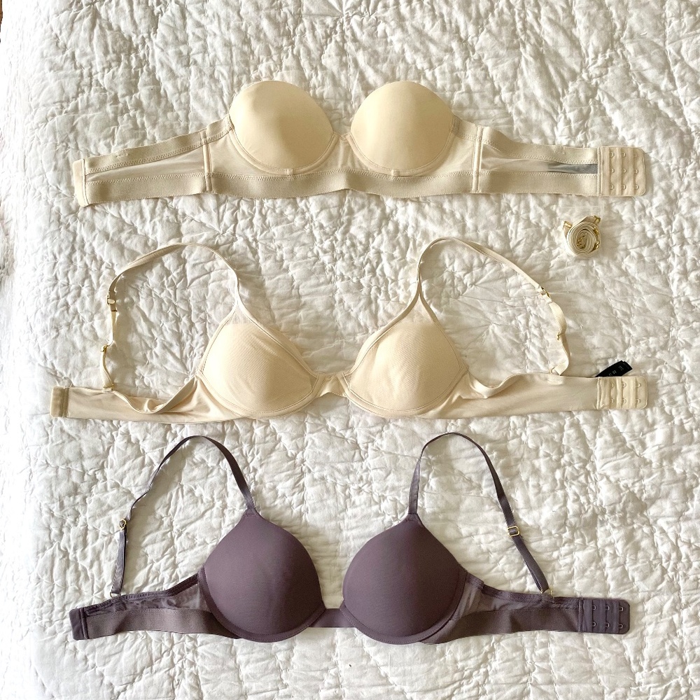 Pepper Bras (3): Cream Strapless 32A, Mauve Push-Up 34A, Unpadded Cream 34A